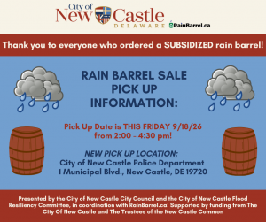 image of rain clouds and barrels with information including date and time for the pickup of rain barrels